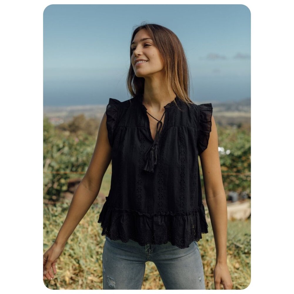 !! Pinch Black Eyelet Ruffle Sleeve Neck-Tie Top sz S